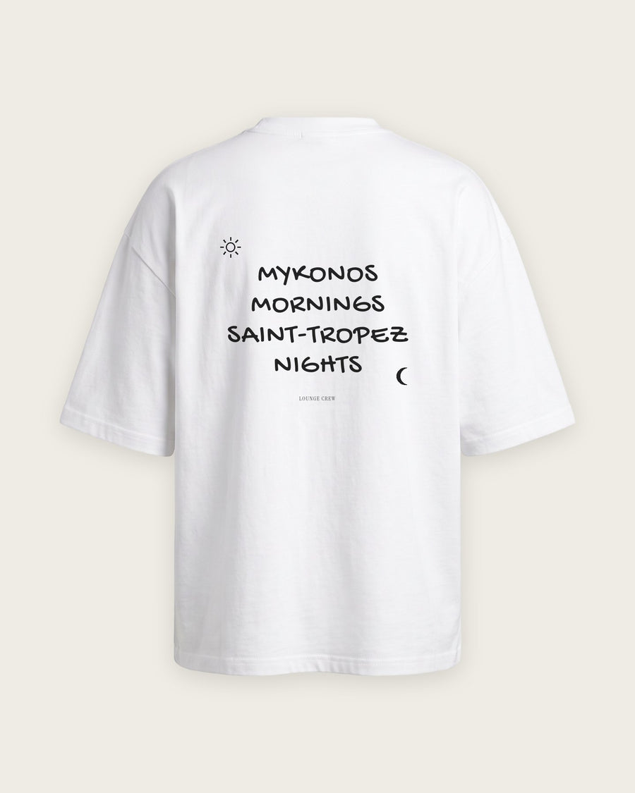 Camiseta Oversized “Mykonos Mornings, Saint-Tropez Nights”