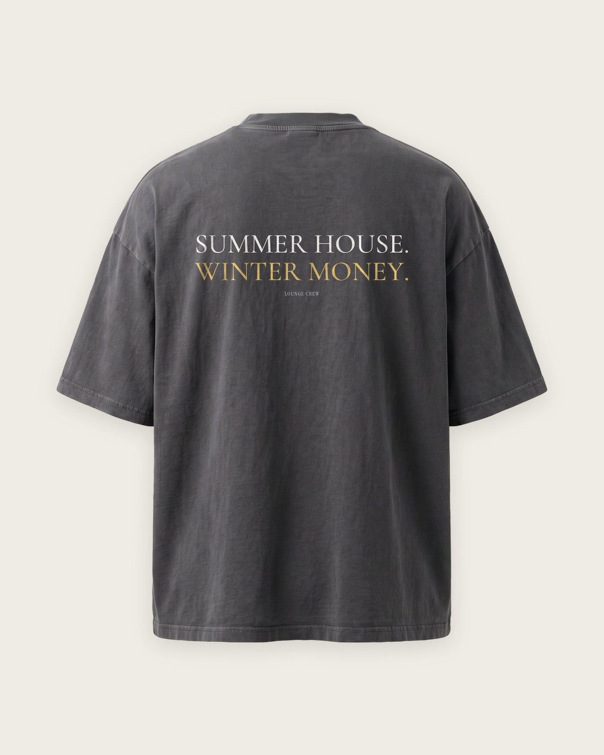 Camiseta Oversized “Summer House, Winter Money” — Cinza Estonado