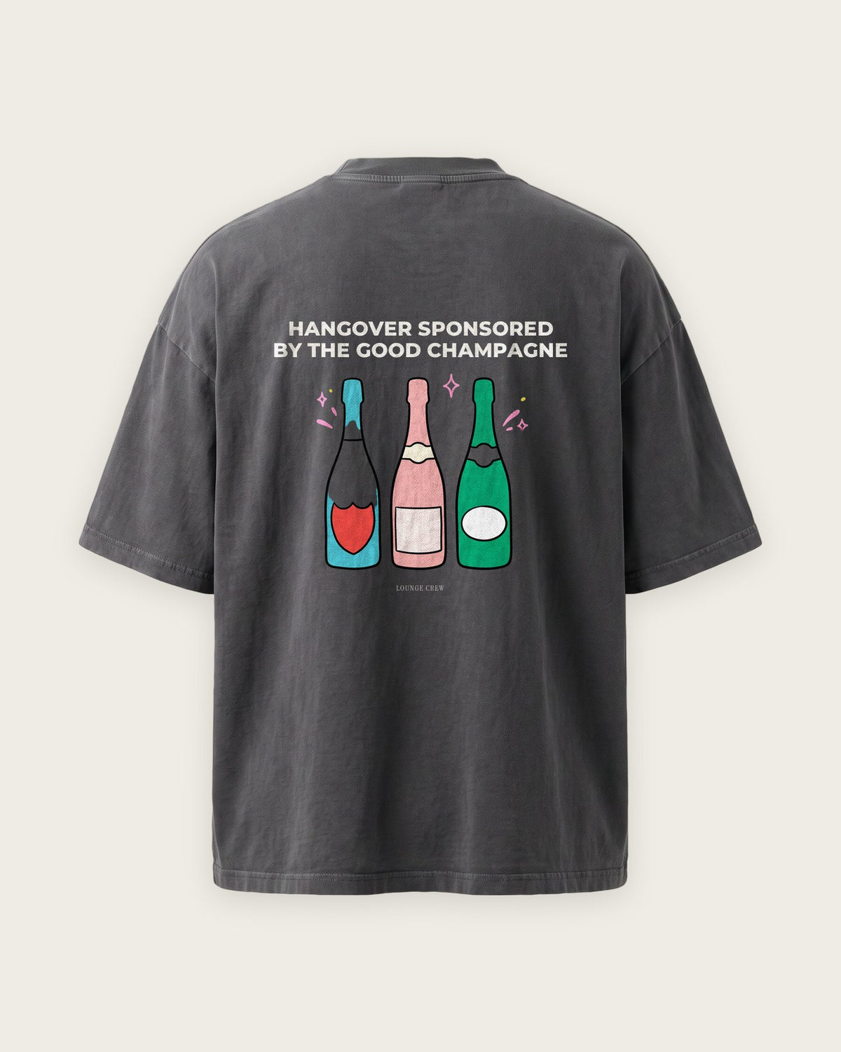 Camiseta Oversized “Hangover Sponsored by the Good Champagne” — Cinza Estonado