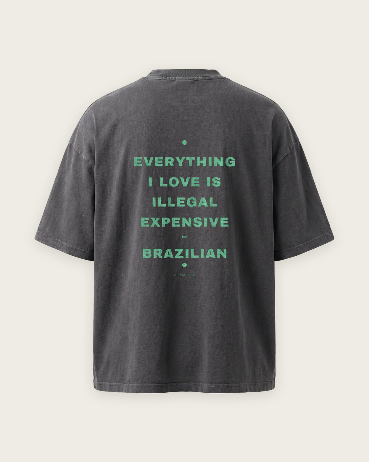 Camiseta Oversized “Everything I Love Is Illegal, Expensive or Brazilian” — Cinza Estonado