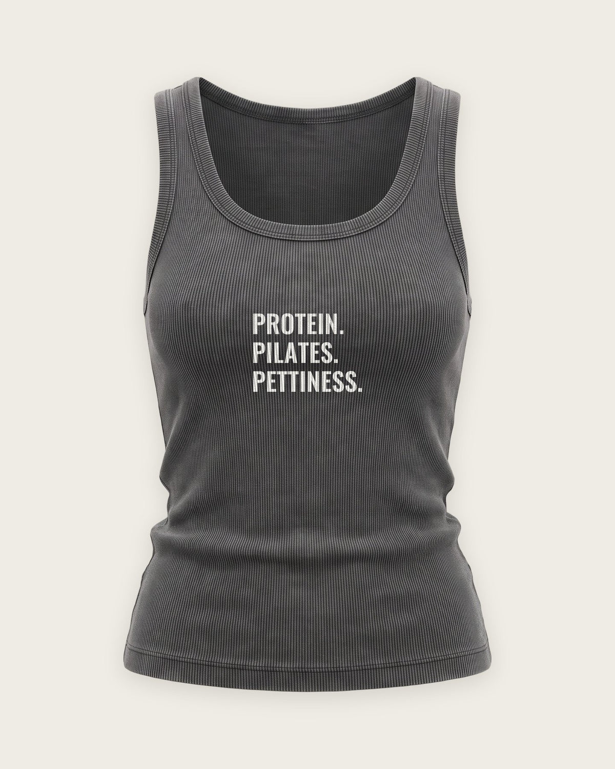 Regata Canelada “Protein, Pilates, Pettiness” — Cinza Estonado