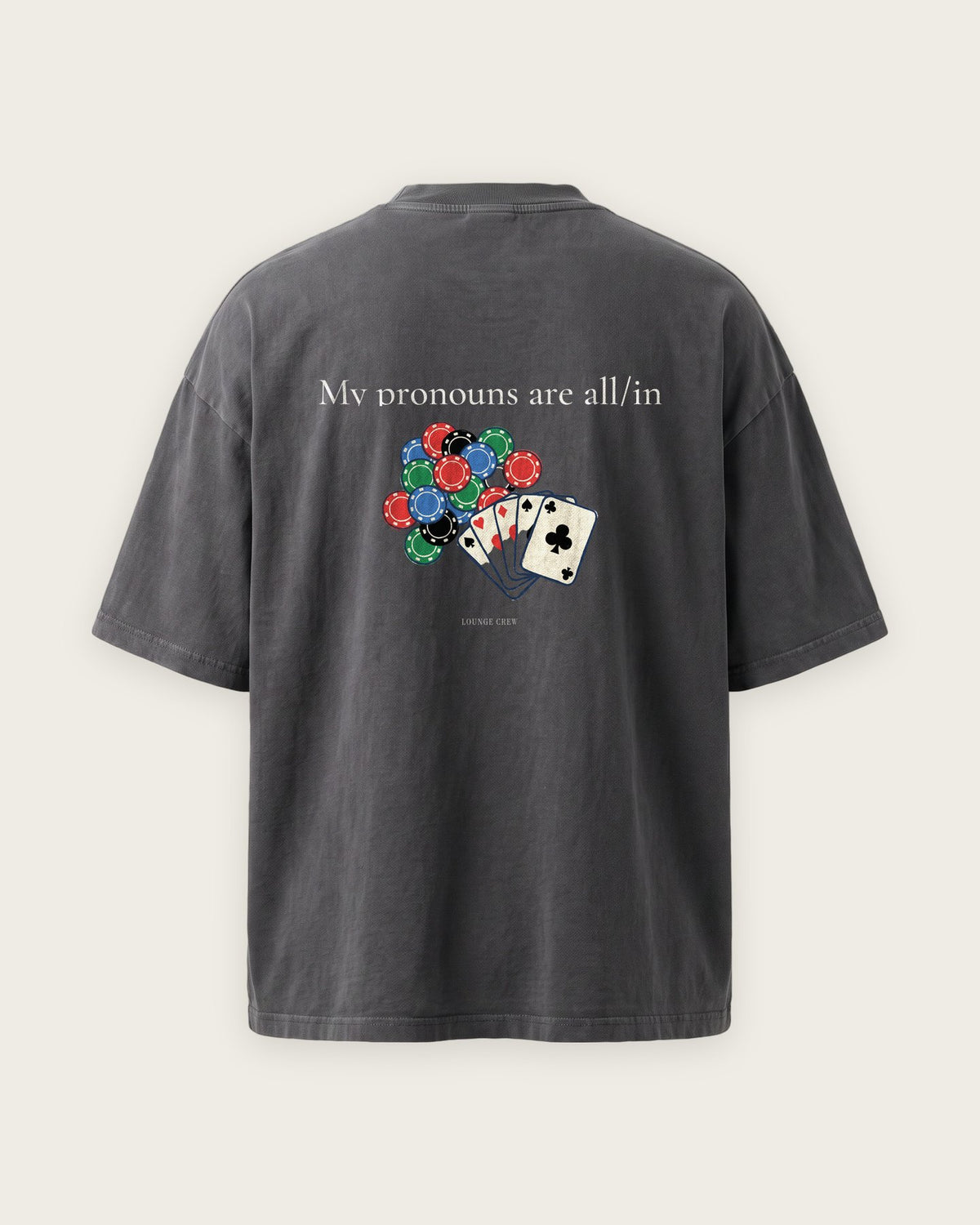 Camiseta Oversized “My Pronouns Are All/In” — Cinza Estonado