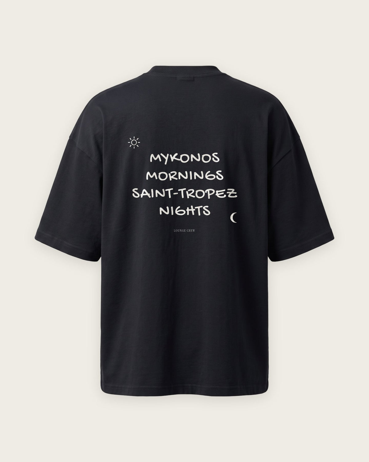 Camiseta Oversized “Mykonos Mornings, Saint-Tropez Nights” — Preto